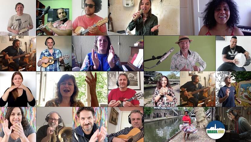 De 15 musici die online de Braziliaanse samba ‘Tá Escrito’ uitvoeren